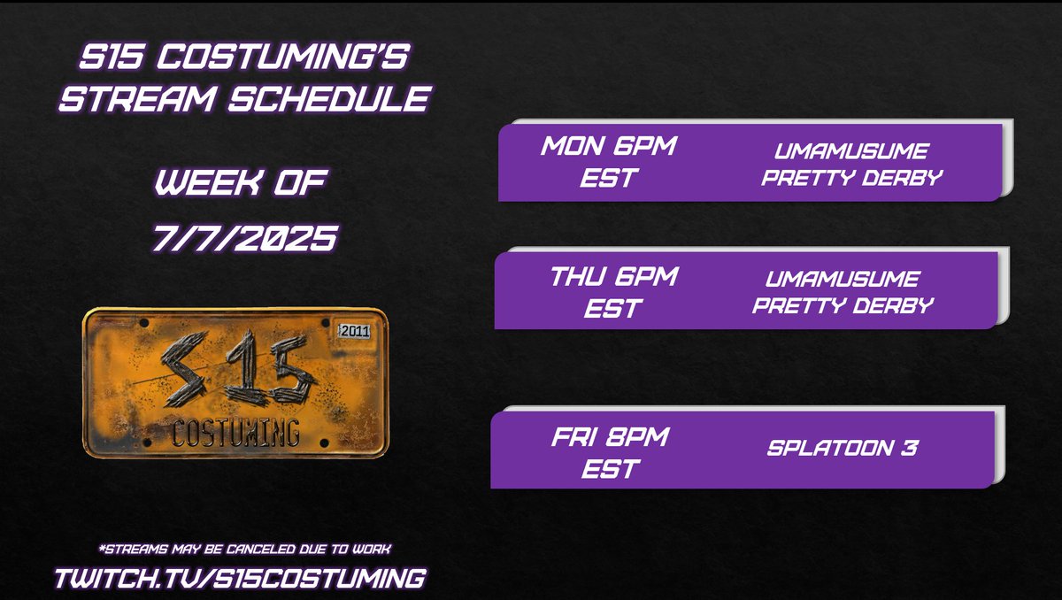 S15Costuming's tweet photo. Here's my stream schedule for this week!
This Saturday, I will be attending Super @Plasticonexpo . I will be fundraising for @nicklaus4kids via @extralife4kids at my booth.
#UmaMusumePrettyDerby #splatoon3 #splatfest #plasticon #plasticonexpo #twitch #twitchstreamers #twitchtv https://t.co/X9WIInCPlw