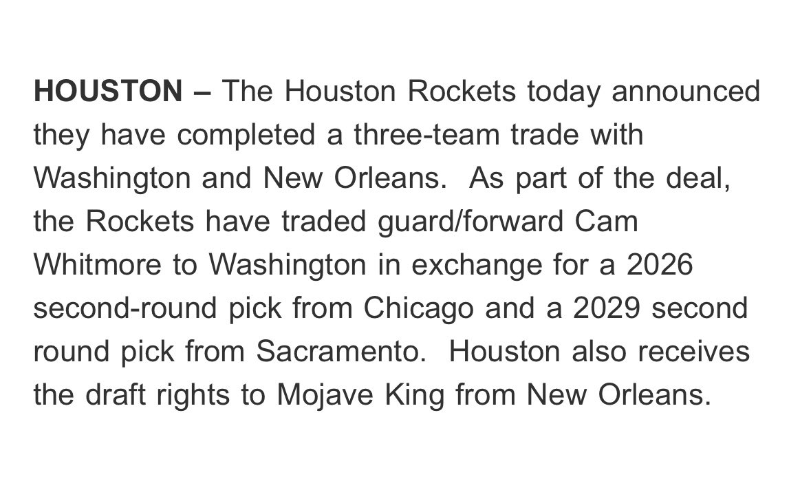 The Rockets officially announce the trade of Cam Whitmore to the Washington Wizards.