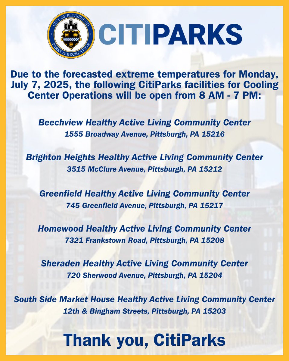 MayorEdGainey's tweet image. IMPORTANT NOTICE!
Due to the forecasted extreme temperatures for Monday, July 7, 2025, COOLING CENTERS WILL BE ACTIVATED!
@CitiParks will active 6 HAL Senior Centers as Cooling Centers on 7/7 from 8 AM - 7 PM.
See Press Release HERE: bit.ly/4ly0Hyl