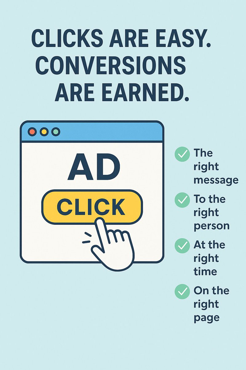 sayemm72936's tweet image. Clicks are easy. Conversions are earned. 💡

You don’t need more traffic.
You need:
✅ The right message
✅ To the right person
✅ At the right time
✅ On the right page

Refine the flow. Respect the funnel.
#GoogleAds #PPC #ConversionFocused
