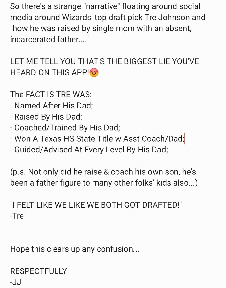 HeadsUpSI's tweet image. So there&apos;s a strange &quot;narrative&quot; floating on social media that @WashWizards top draft pick @iamtrejohnson1 &quot;was raised by a single mom w/ absent, incarcerated father.&quot;

LET ME TELL YOU THAT&apos;S THE BIGGEST LIE TOLD ON THIS APP!😡

Hope this clears up any confusion...

RESPECTFULLY,