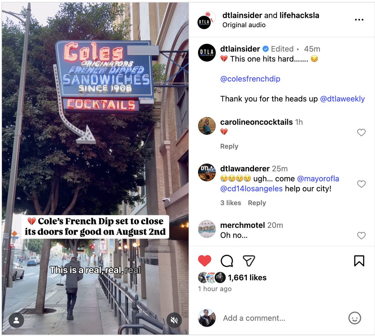 esotouric's tweet image. DTLAWeekly hears from staff Cole's French Dip will close on 8/2, after 117 years of nearly continuous service. Story broken on IG by @dtlainsider / @lifehacksLA 

The Pantry, Pacific Dining Car, now Cole's. We need legacy business aid from LA City Hall!
instagram.com/p/DLxkQv1Phl6/