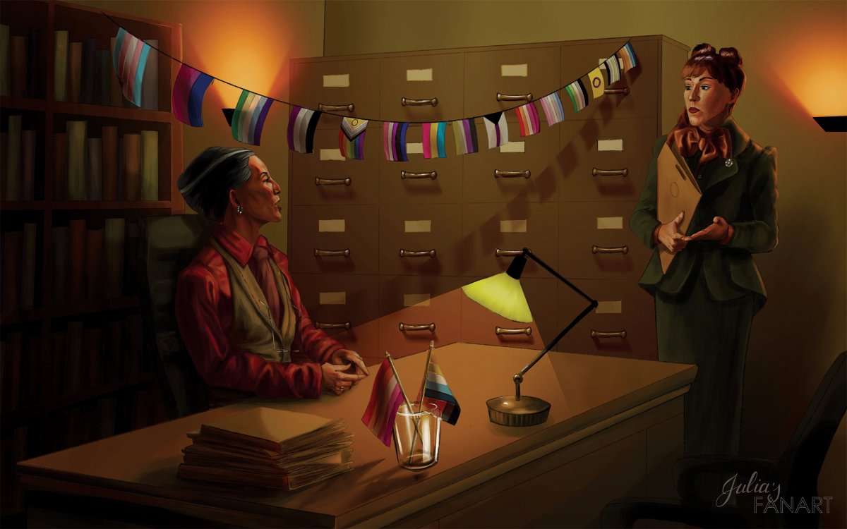 I forgot to post my artwork for the DBDA Charity Calendar, so here it is!
Here you have The Principal celebrating Pride and the Night Nurse being confused by this human practice...

#SaveDeadBoyDetectives 
#TheGoodYouDo