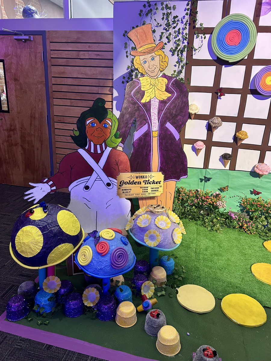 vivezaart's tweet photo. It’s a “Wonka World” this July at @thecovechurch ! See the atrium truly awe-inspiring as it’s been transformed into a world of “pure imagination” for Movies at The Cove.  #summer #church #fun #moviesatthecove https://t.co/xNEsAp6rAz