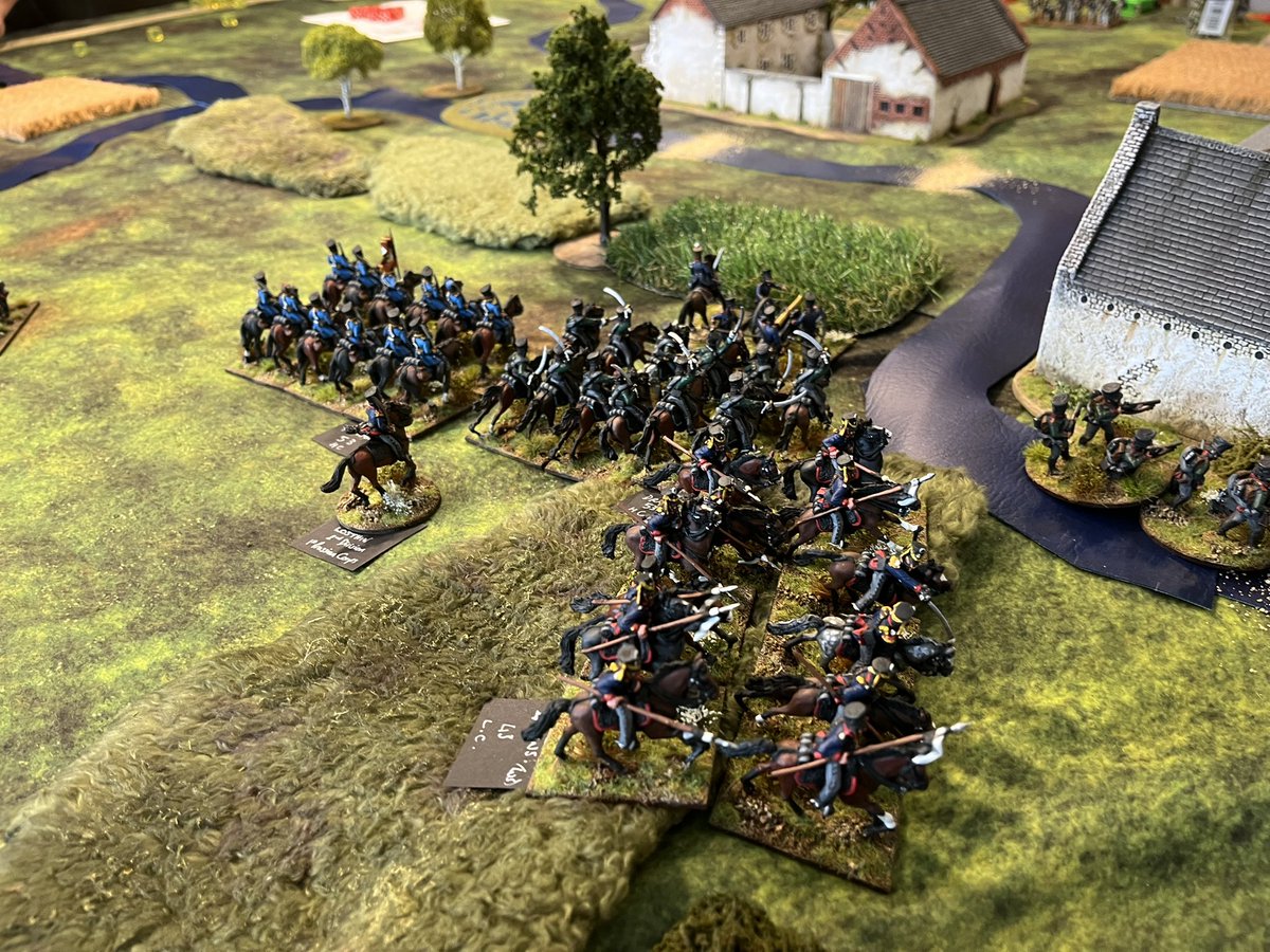tomjmegan's tweet image. Day 3 - Ligny.
Back to the start - with the Prussians.
Amidst the villages & hamlets, our Line and Landwehr attempted to resist the weight of French Infantry & Cavalry who threw themselves repeated at our lines and squares.
Again, we held.. but with terrible cost!
#Wargaming