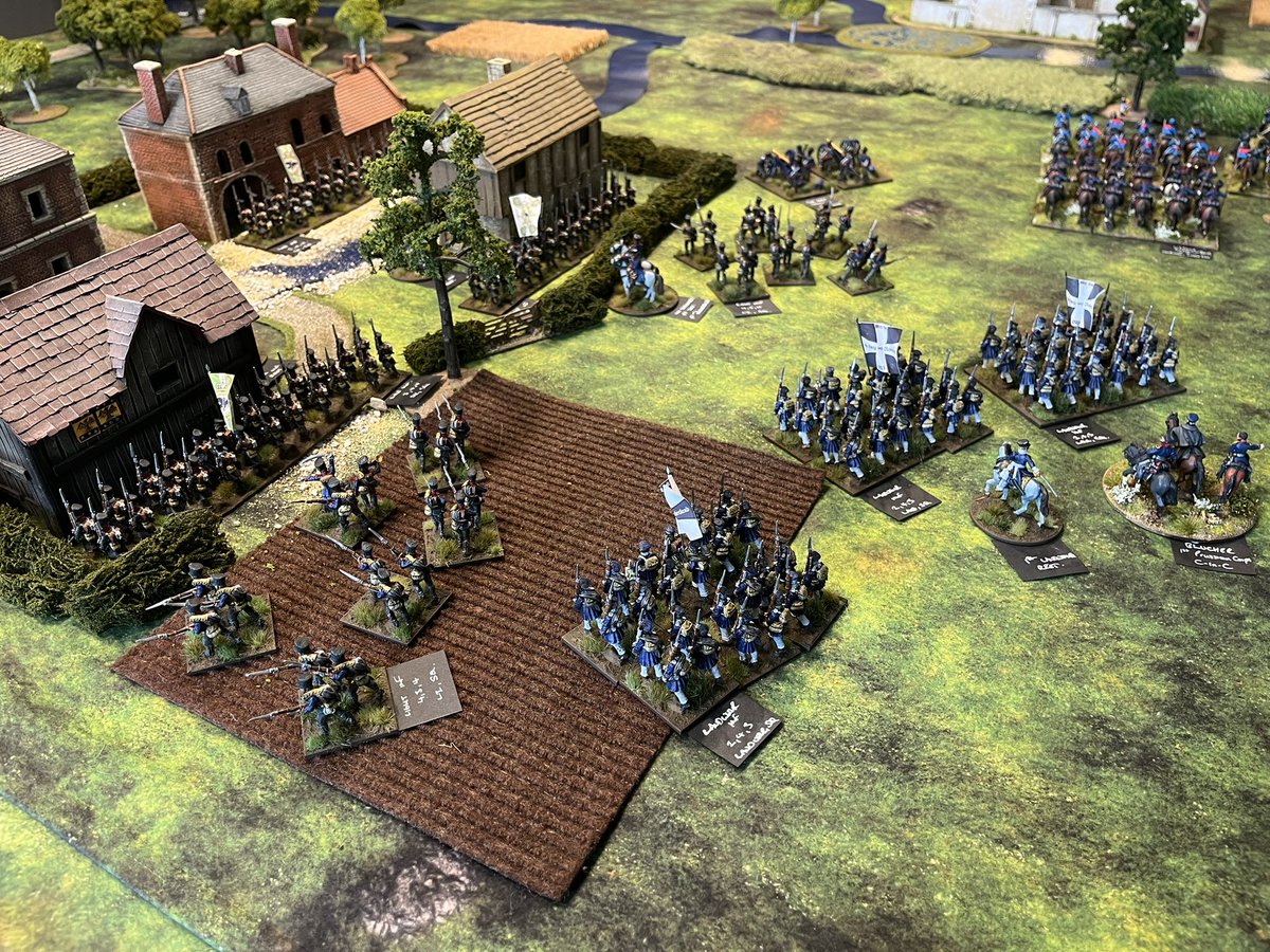 tomjmegan's tweet image. Day 3 - Ligny.
Back to the start - with the Prussians.
Amidst the villages & hamlets, our Line and Landwehr attempted to resist the weight of French Infantry & Cavalry who threw themselves repeated at our lines and squares.
Again, we held.. but with terrible cost!
#Wargaming