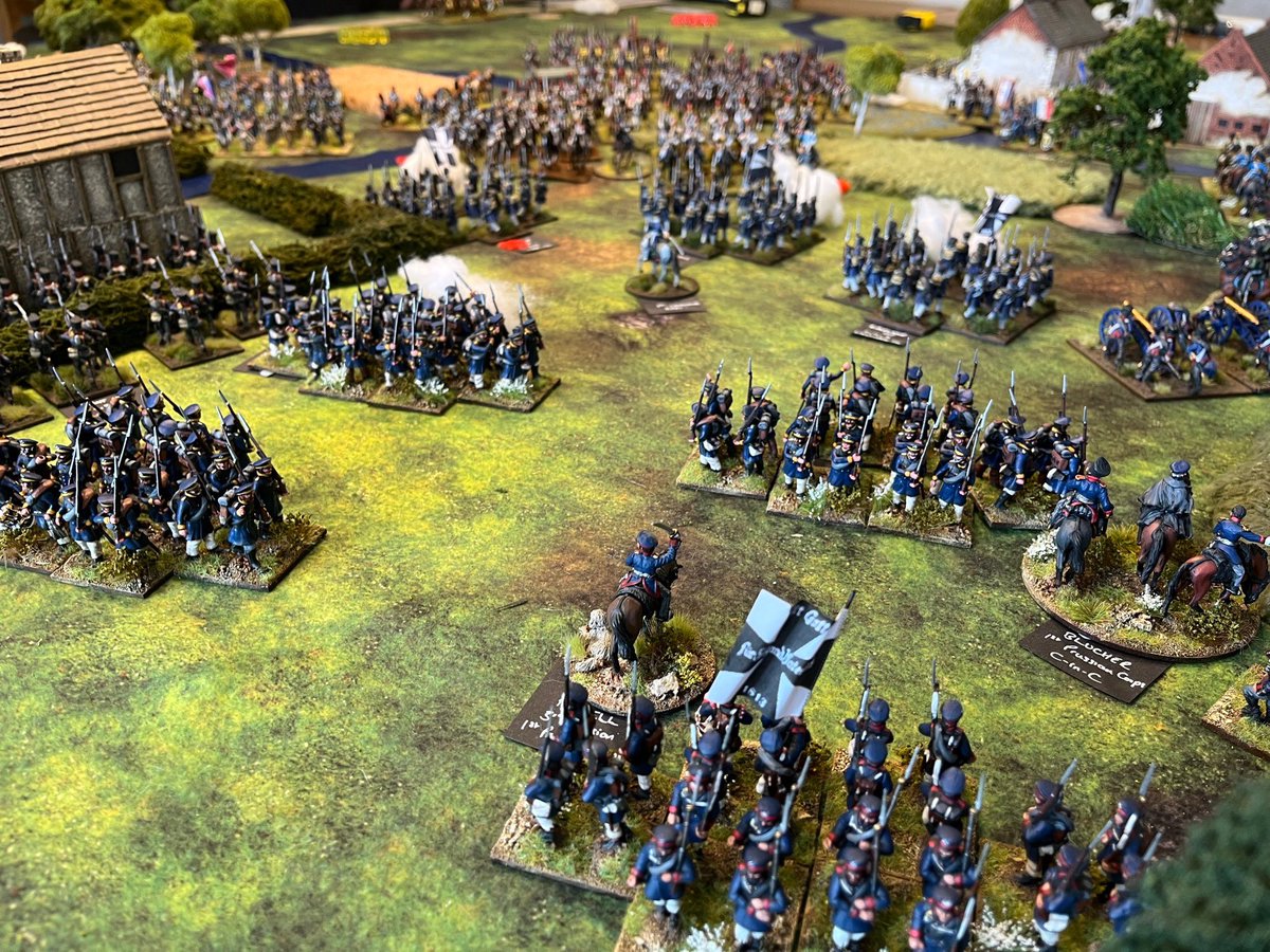 tomjmegan's tweet image. Day 3 - Ligny.
Back to the start - with the Prussians.
Amidst the villages & hamlets, our Line and Landwehr attempted to resist the weight of French Infantry & Cavalry who threw themselves repeated at our lines and squares.
Again, we held.. but with terrible cost!
#Wargaming