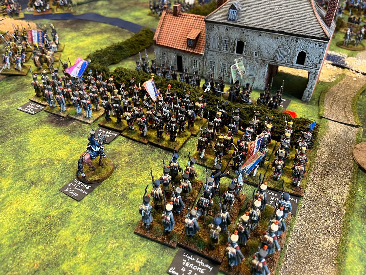 tomjmegan's tweet image. Day 3 - Ligny.
Back to the start - with the Prussians.
Amidst the villages & hamlets, our Line and Landwehr attempted to resist the weight of French Infantry & Cavalry who threw themselves repeated at our lines and squares.
Again, we held.. but with terrible cost!
#Wargaming