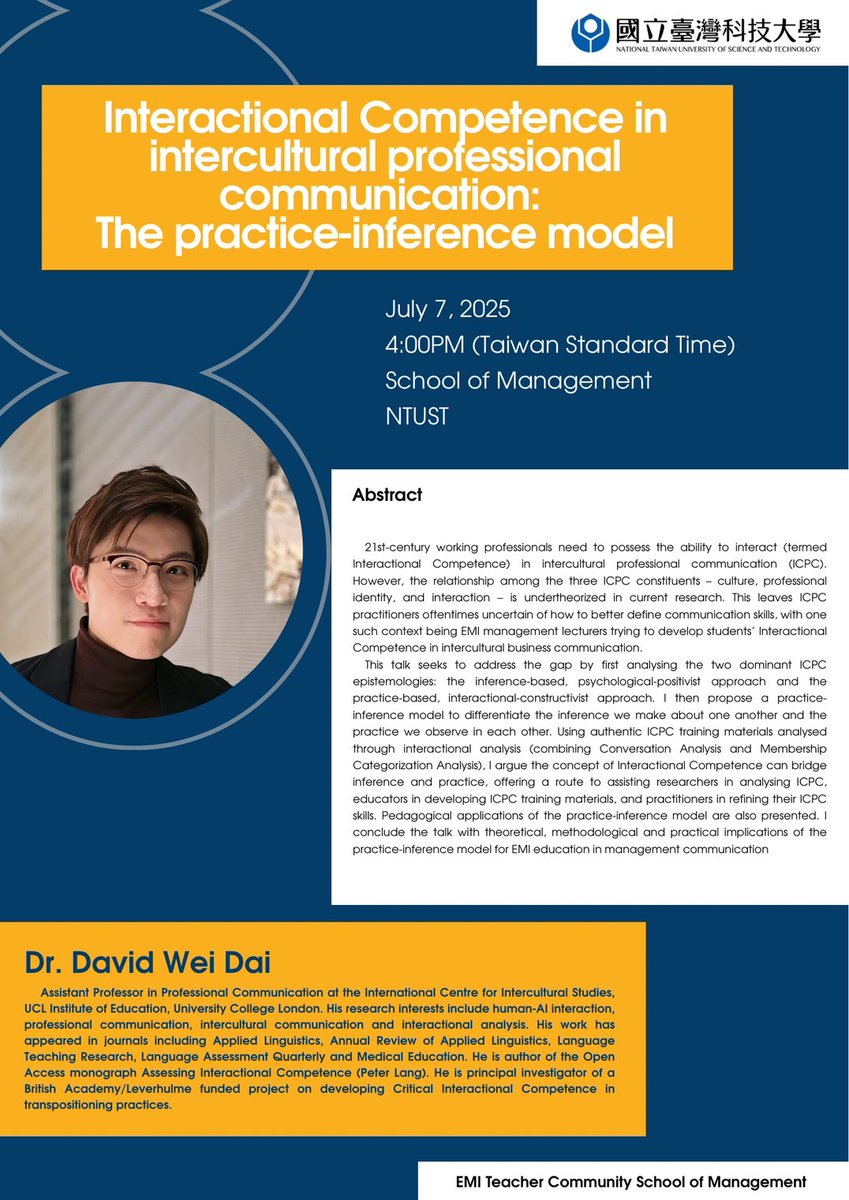 drdavidweidai's tweet image. Very much looking forward to giving a talk for staff members at National Taiwan University of Science and Technology tomorrow on Interactional Competence in intercultural professional communication