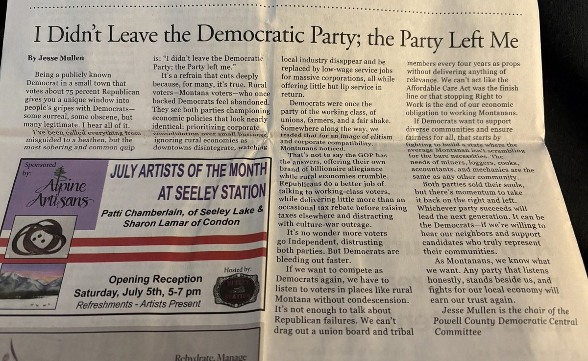 Lgpguin (@lgpguin) on Twitter photo Excellent 7/3/25 col in Seeley Swan Pathfinder by <a href="/jmullen2/">Jesse James Mullen</a> Jesse James Mullen. REPUBLICANS *and* DEMOCRATS abandoned us. More voters go Independent "but Democrats bleeding out faster." Jesse offers suggestions & whoever succeeds will lead next gen. Excellent 7/3/25 col in Seeley Swan Pathfinder by <a href="/jmullen2/">Jesse James Mullen</a> Jesse James Mullen. REPUBLICANS *and* DEMOCRATS abandoned us. More voters go Independent "but Democrats bleeding out faster." Jesse offers suggestions & whoever succeeds will lead next gen.