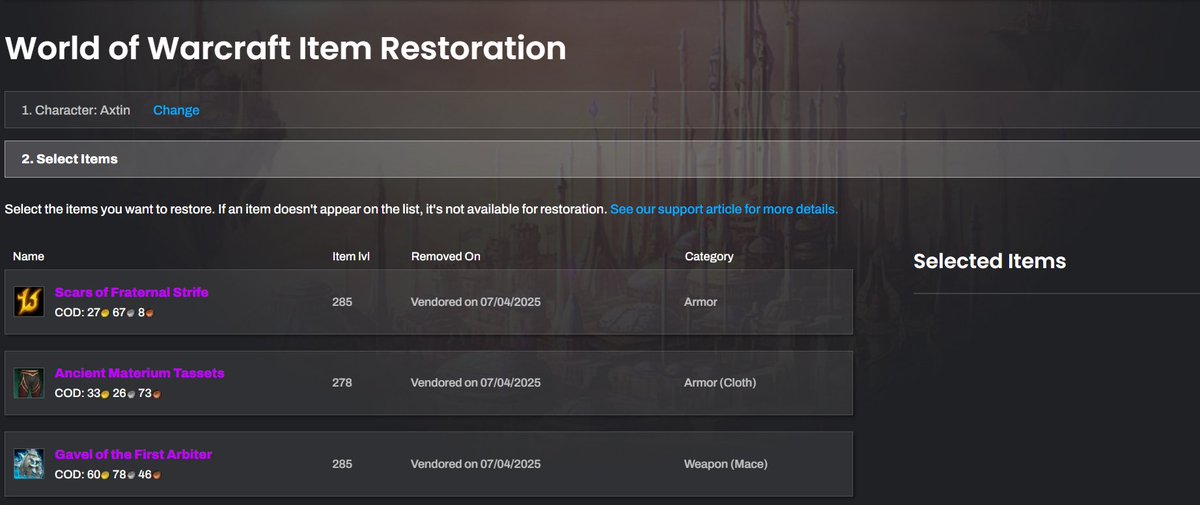 axtinwow's tweet image. does anyone know why in the hell blizzard got rid of being able to filter/search items in the item restoration page? like yea dude let me just go through these 113 pages real quick