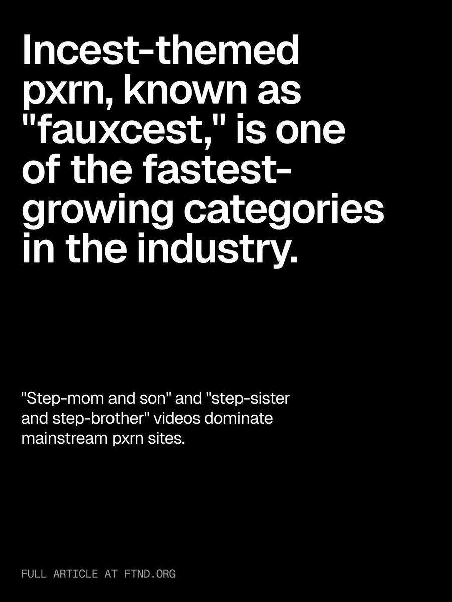 FightTheNewDrug's tweet image. One report cites a 178% increase in what is referred to as "family roleplay porn."
One former performer who repeatedly filmed incest scenes stated, "I don’t want some kid seeing me on film coaxing my ‘stepbrother’ into f—ing me and that kid thinking it’s okay to do that to his…