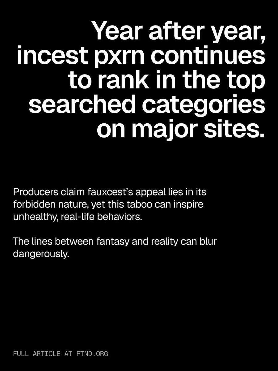 FightTheNewDrug's tweet image. One report cites a 178% increase in what is referred to as "family roleplay porn."
One former performer who repeatedly filmed incest scenes stated, "I don’t want some kid seeing me on film coaxing my ‘stepbrother’ into f—ing me and that kid thinking it’s okay to do that to his…