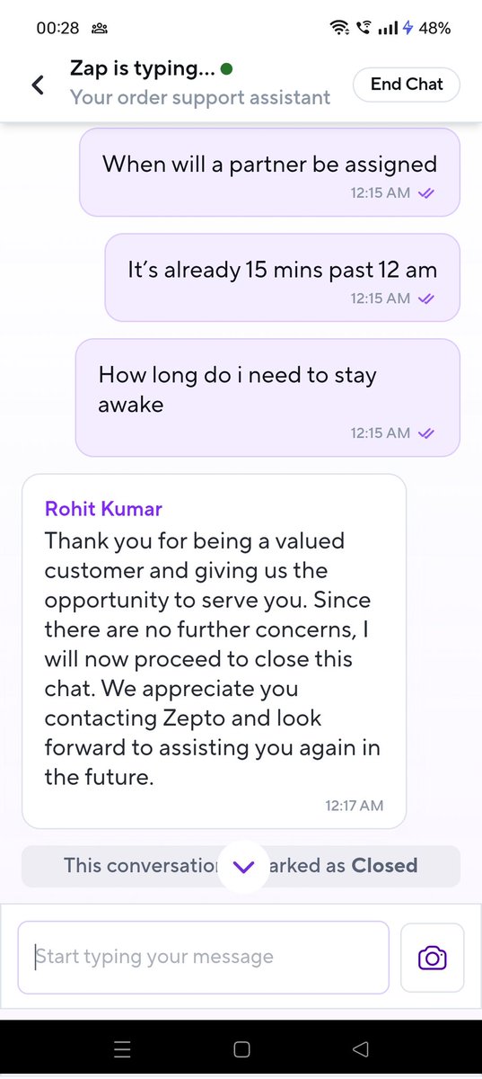 Real_4V's tweet photo. @jagograhakjago @ZeptoNow @zeptocares 
Ordered 37 minutes ago, however a delivery partner is not assigned yet, Zepto chat is of no help.
Please deliver it after 8 am in the morning now.
If you don't have delivery partnes then close shop and don't fool customers. Pathetic service! https://t.co/M2mrtvhCq4