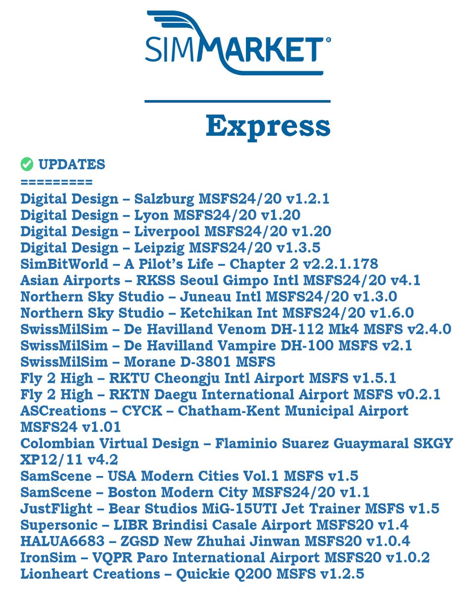 simflight's tweet image. SIMMARKET.com - Express 2025 July 06th

😍 NEW products &amp;amp;
✅ UPDATES 
💰 SALES

#flightsim #SIMMARKET #Aircraft #MSFS2024 #MSFS2020 #MicrosoftFlightSimulator #xplane #prepar3D