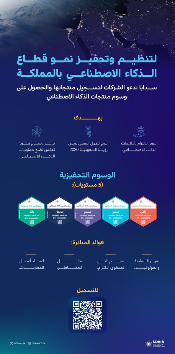 SDAIA_SA's tweet photo. لتنظيم وتحفيز نمو قطاع الذكاء الاصطناعي بالمملكة؛ #سدايا تدعو الشركات لتسجيل منتجاتها والحصول على وسوم منتجات الذكاء الاصطناعي.

للتسجيل: https://t.co/Z0nWzQkZPD https://t.co/kMHvs1kSz4