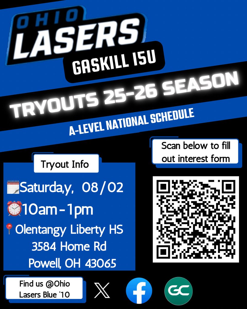Ohio Lasers Blue ‘10 (@ohiolasersblue) on Twitter photo 🚨Tryouts Update 🚨
<a href="/OhioLasersBlue/">Ohio Lasers - Gaskill</a> will be hosting tryouts on August 2nd in Powell, OH.
Registration Form: docs.google.com/forms/d/e/1FAI… 🚨Tryouts Update 🚨
<a href="/OhioLasersBlue/">Ohio Lasers - Gaskill</a> will be hosting tryouts on August 2nd in Powell, OH.
Registration Form: docs.google.com/forms/d/e/1FAI…