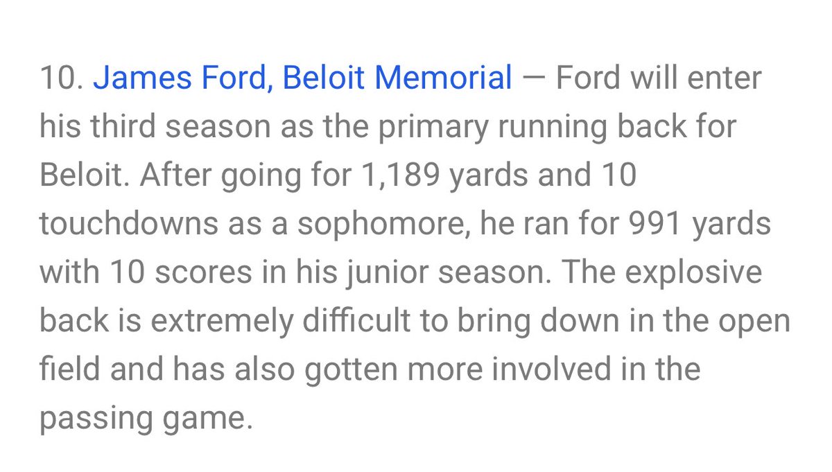 James Ford III (@jf2_james) on Twitter photo blessed to be ranked as the no.10 RB in WI, big senior season coming up from me and my team! preciate the ranking <a href="/travisWSN/">Travis Wilson</a>!
<a href="/MJ_NFLDraft/">Mark Johnson</a> <a href="/BeloitAthletics/">Beloit Knights Athletics</a> <a href="/SLC_Wi/">Southern Lakes Conference</a> <a href="/1casscj86/">🇵🇷KINGJOHNSON 🏈</a> blessed to be ranked as the no.10 RB in WI, big senior season coming up from me and my team! preciate the ranking <a href="/travisWSN/">Travis Wilson</a>!
<a href="/MJ_NFLDraft/">Mark Johnson</a> <a href="/BeloitAthletics/">Beloit Knights Athletics</a> <a href="/SLC_Wi/">Southern Lakes Conference</a> <a href="/1casscj86/">🇵🇷KINGJOHNSON 🏈</a>
