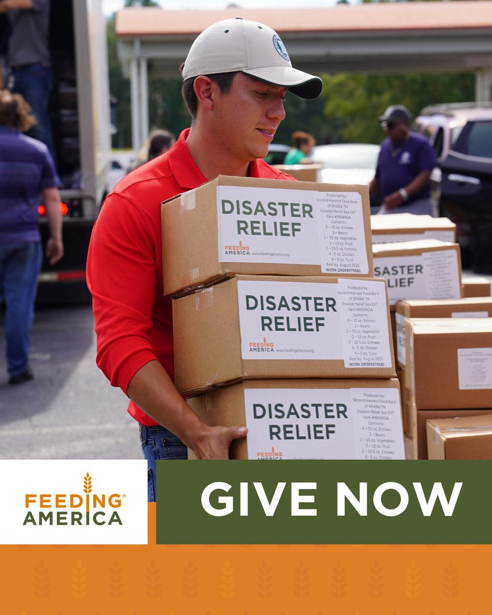 FeedingAmerica's tweet image. When disaster strikes, your support powers a fast, coordinated response.
Thanks to your generosity, the Feeding America network—local food banks, pantries & meal programs—delivers food, water & essentials to families in crisis.
Give now: bit.ly/44DWTmb