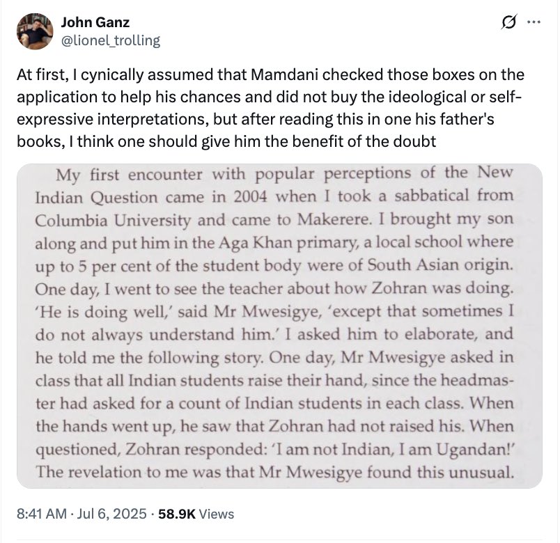 So Mamdani, whose parents were born in India, is authentically and fully an African native, but an Israeli Jew whose family has lived in the region for 100 generations is a settler colonist. Ok thanks for clarifying.
