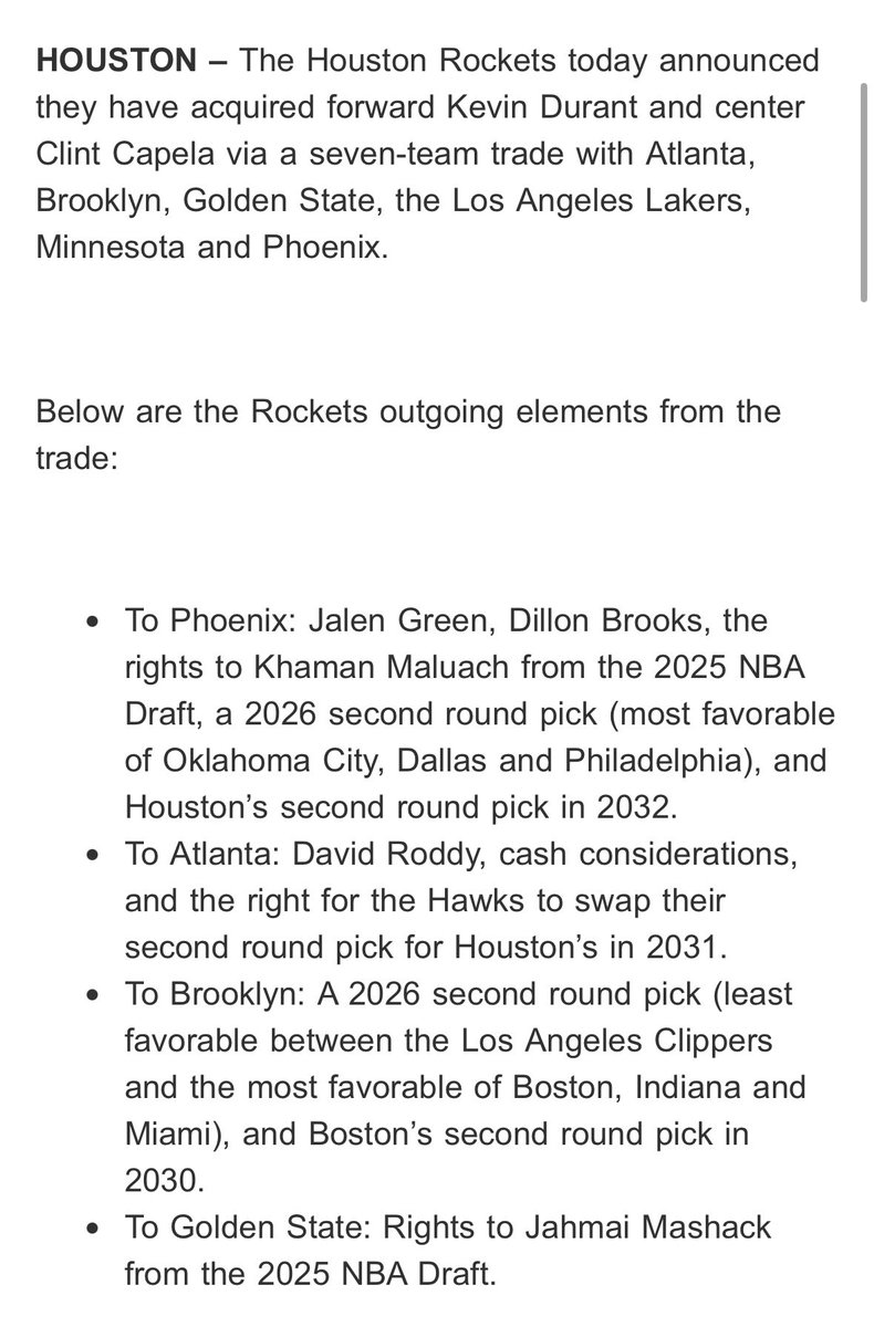 It’s official: the <a href="/HoustonRockets/">Houston Rockets</a> announce they have acquired Kevin Durant and Clint Capela in a blockbuster trade involving an NBA-record seven teams. 

Details of the multi-layered trade below: