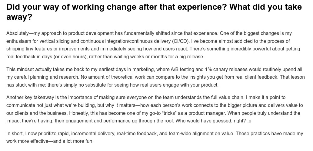 eferro's tweet image. A glimpse from a PM interview for my book "Less code, more impact":
"Real-time feedback, incremental delivery, team-wide alignment... these make work more effective — and a lot more fun."
This mindset truly maximizes impact.