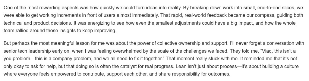 eferro's tweet image. A glimpse from a PM interview for my book "Less code, more impact":
"Real-time feedback, incremental delivery, team-wide alignment... these make work more effective — and a lot more fun."
This mindset truly maximizes impact.