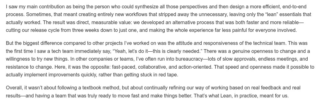 eferro's tweet image. A glimpse from a PM interview for my book "Less code, more impact":
"Real-time feedback, incremental delivery, team-wide alignment... these make work more effective — and a lot more fun."
This mindset truly maximizes impact.