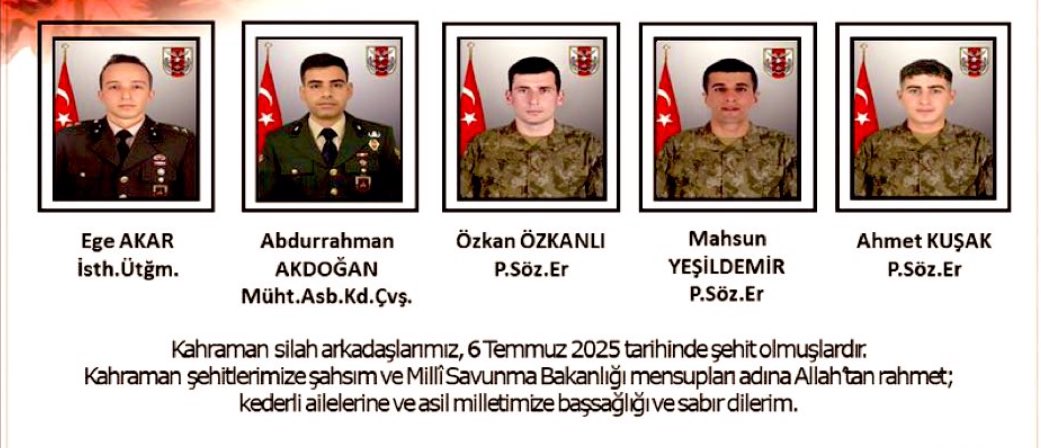 Kahraman şehitlerimizi rahmet ve saygıyla anıyor, Milletimize baş sağlığı ve metanet diliyorum. Aziz Ruhları şad, makamları cennet olsun.

Türk Silahlı Kuvvetleri <a href="/TSKGnkur/">TSK</a>