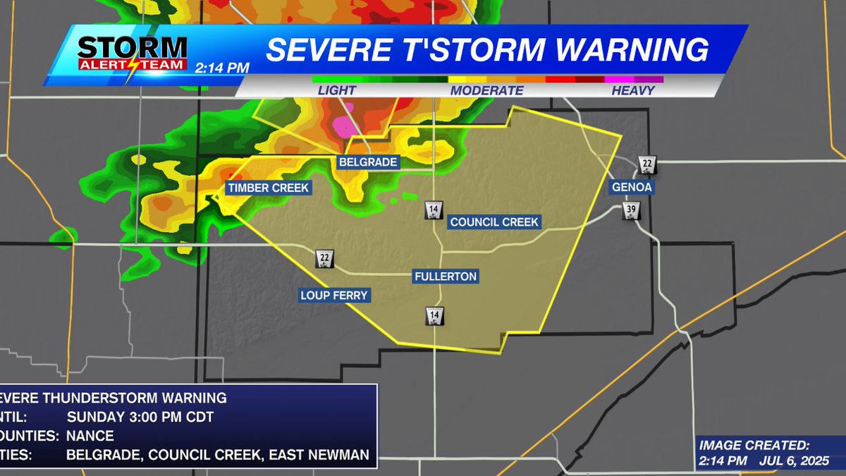 WEATHER ALERT: A Severe Thunderstorm Warning has been issued in Nance County. Stay with the Storm Alert Team for the latest weather information.