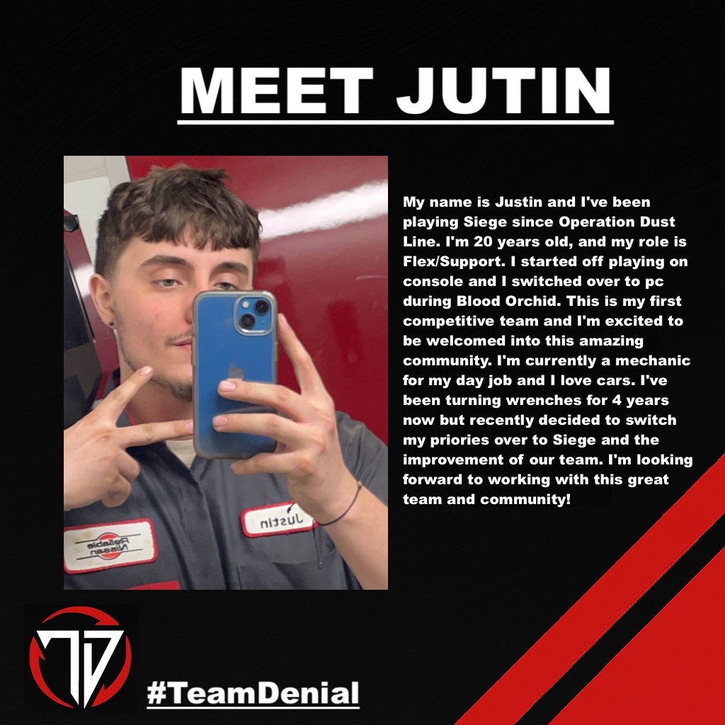 TeamDenialX's tweet photo. MEET THE TEAM: Jutin

#r6siege #rainbowsixsiege #rainbowsix #siegemoments #r6community #siegeclips #siege #r6esports #r6 #rainbowsixmemes #gamingcommunity #esports https://t.co/swgC76AKbL