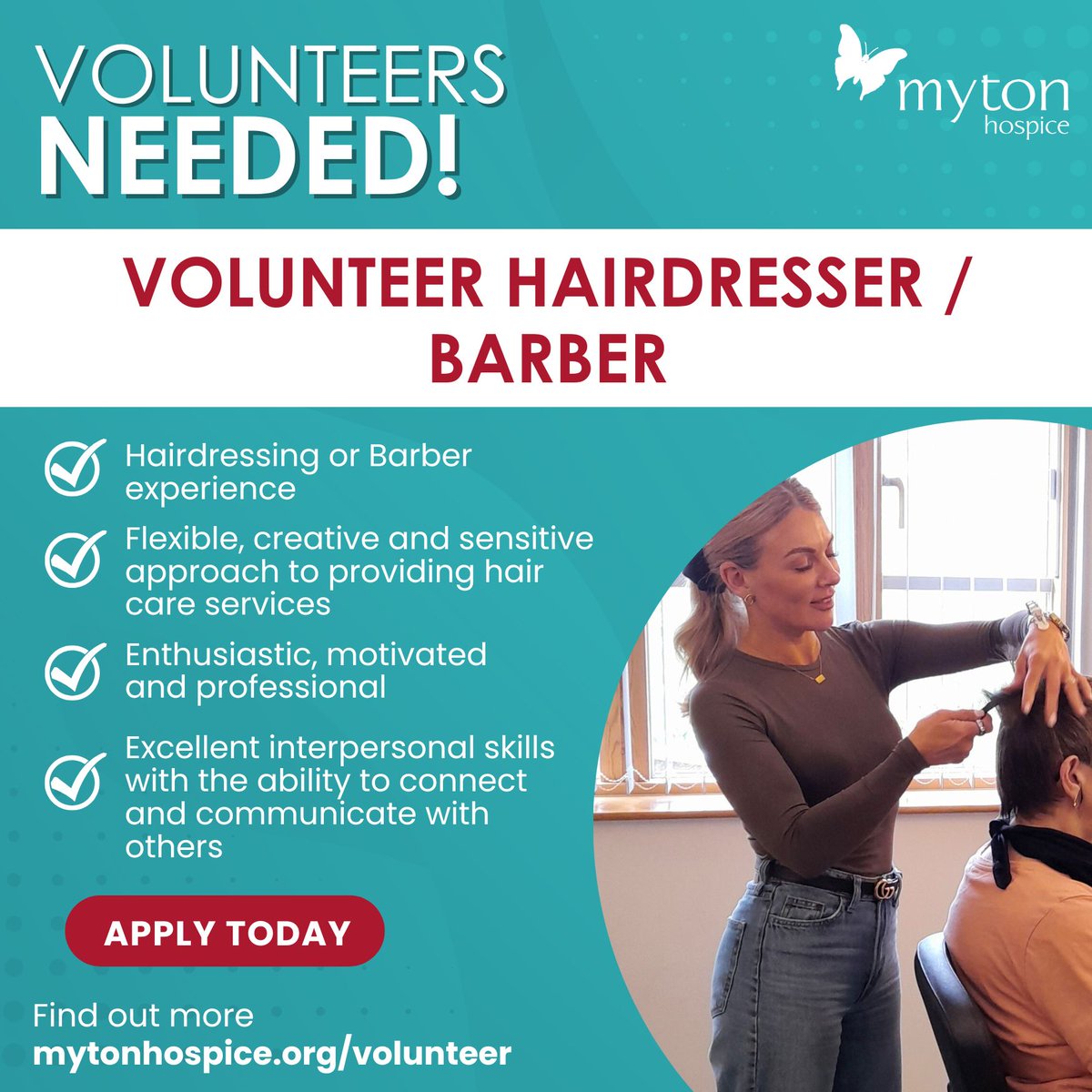 Volunteer Hairdressers &amp; Barbers Wanted 💇✂️ #BrumHour

Use your skills to provide compassionate haircare to our patients and their carers, boosting their confidence and well-being. This rewarding role needs empathy and a caring attitude.

Apply online: buff.ly/YZYWWqb