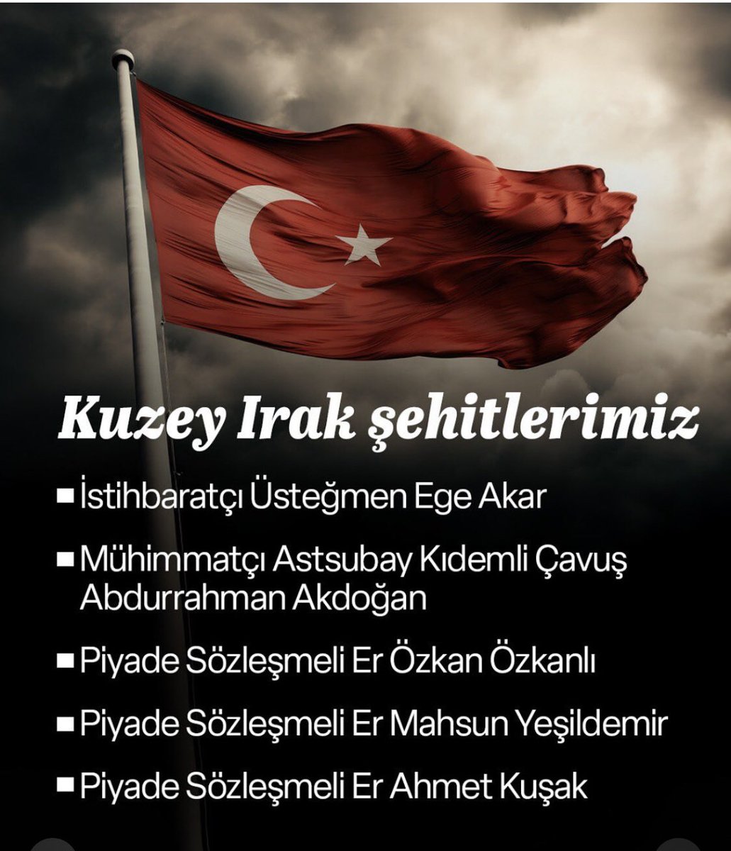 Şehidin var Türkiye 🇹🇷

Pençe-Kilit harekâtı bölgesinde metan gazından zehirlenen 19 Askerimizden
5'i Şehit oldu.

Şehitlerimize Allâh'tan rahmet, yaralılarımıza acil şifalar diliyorum.

Milletimizin başı sağolsun..