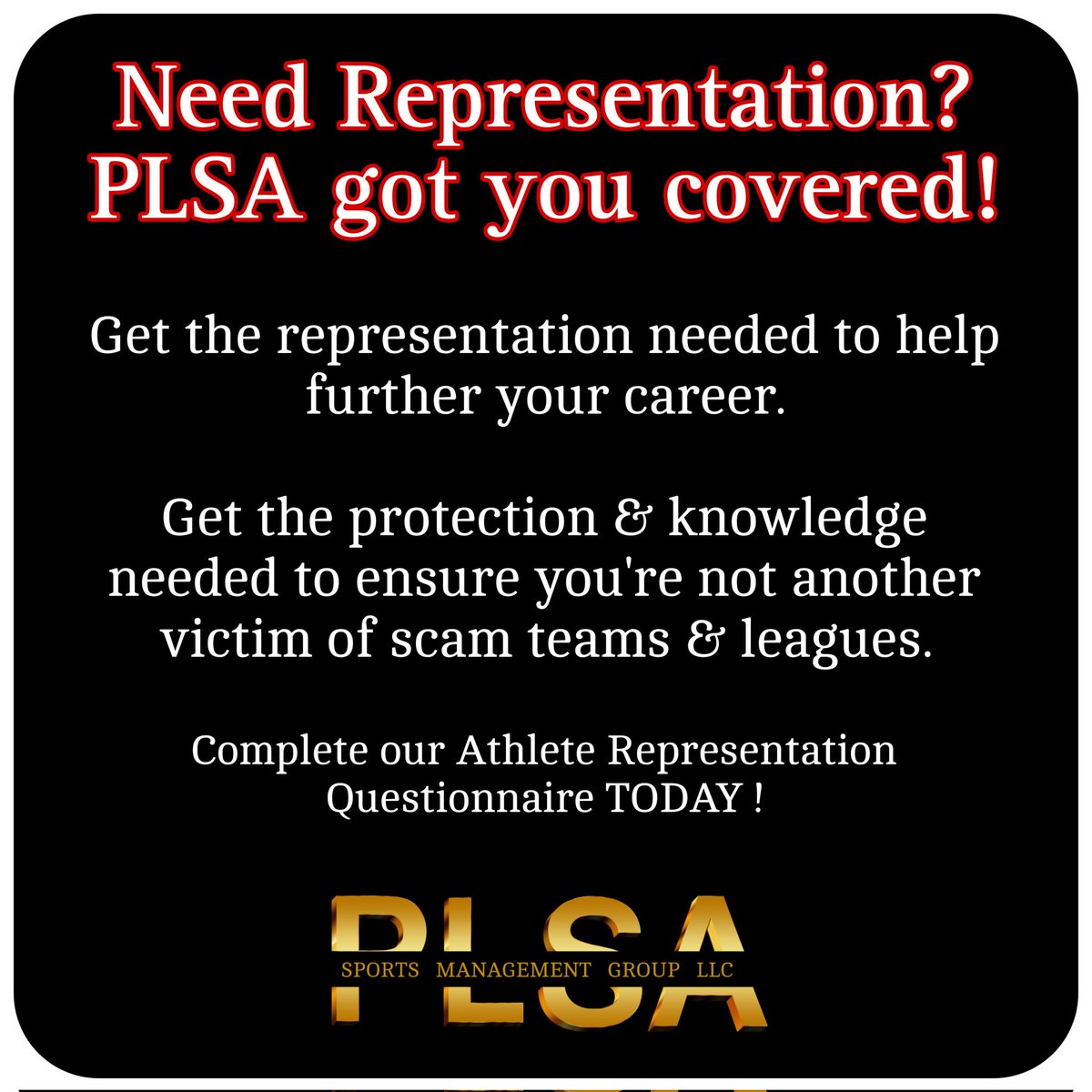 📣 NEED REPRESENTATION? 📣

❗️ Solid Film 🎥
❗️ Solid Professional Playing Resume 📝
🚫 No Gap Years 🚫
🚨 Clean Background 🚨

👉 If interested, please complete our Athlete Representation Questionnaire:
prolevelagents.com/representation
