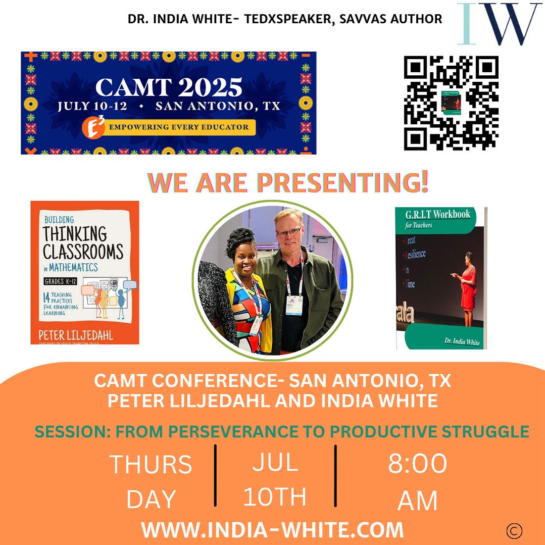 Indispeaknteach's tweet photo. 🌟 Exciting news! Planning to attend CAMT? Join Peter and me for the opening session as we dive into the fascinating topic of productive struggle! Don’t miss your chance to win fantastic door prizes! This is an event you won’t want to miss! 🎉📚 #drindiawhite #grit #BTC #camt25 https://t.co/Yj4wFci263