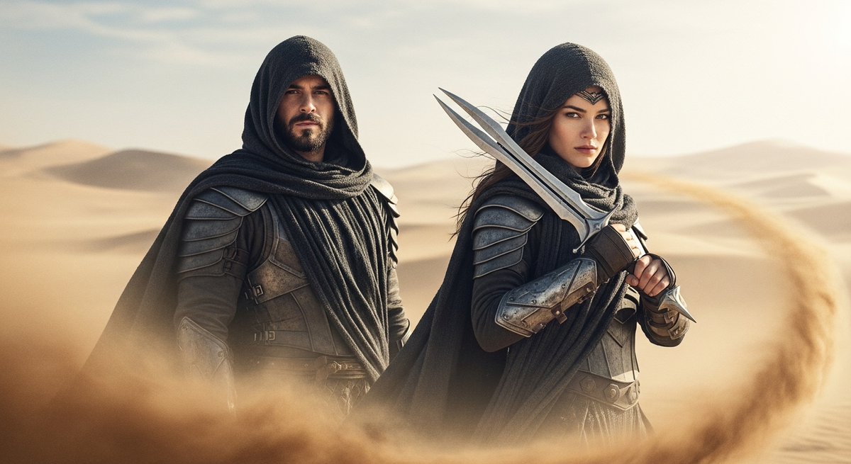 TimTodd's tweet photo. @AskPerplexity
Please create a video given the attached image and following description. Two cloaked warriors—one man and one woman—stand amid sweeping desert dunes, their armor glinting under a pale sun. Wind whips through the sand, forming circular trails around them in slow, elegant motion. The woman's double-edged sword glints as she raises it defensively, eyes sharp and unyielding. The man beside her shifts slightly, cloak rippling as he scans the horizon. The camera slowly circles them counterclockwise, low-angle, capturing the gravity of their presence as sand whirls upward. Subtle sun rays cut through the haze. A faint heartbeat-like pulse underscores the moment.  Motion Style: Epic, slow-motion cinematography with dramatic dust movement and dynamic cloak flow.  Camera Movement: Slow orbiting dolly shot with slight tilt-up.  Lighting: Warm desert glow with high contrast; volumetric light through sand particles.  Audio (optional): Deep rumble of wind, faint echo of distant battle drums.  Tone: Mysterious, powerful, mythic. Title Card at End: “Whispers of the Sandborne” — fades in with subtle shimmer effect over the final frame.