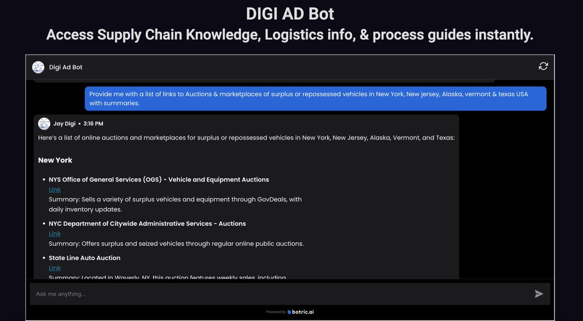 digibution's tweet photo. Looking for state auctions of repossesed or surplus vehicles. Ask or Digi bot for links to auctions 

You can find the needed prompts here https://t.co/hDhL3X9SI9

Type in the prompt in our digi bot link here
https://t.co/HCUatEHbCK

#ai #digibot #digibution #auto #stateauctions https://t.co/Lb1a3kb82I