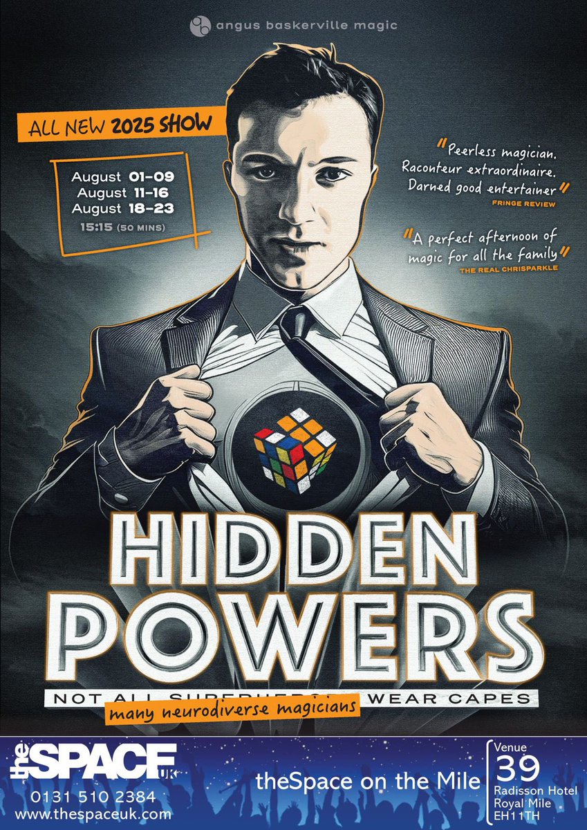 AngusBaskervil1's tweet image. Excited to bring my new solo show Hidden Powers to @edfringe next month! 🎩
It’s more than magic—it's my journey with autism, and how discovering magic changed my life
🗓️ 1st - 23rd August (not 10th & 18th)
🎟️ Tickets: tickets.thespaceuk.com/event/911:4303/
#Edinburgh #MagicShow #edfringe