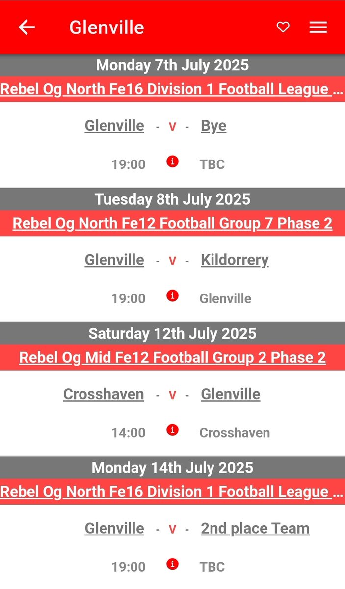 Glenville GAA Club (@glenvillegaa) on Twitter photo π€π Upcoming Glenville GAA Fixtures ππ€
ποΈ Mon 7 Jul: Fe16
Glenville v Bye β 19:00 TBC
ποΈ Tue 8 Jul: Fe12
Glenville v Kildorrery β 19:00 Glenville
ποΈ Sat 12 Jul: Fe12
Crosshaven v Glenville β 14:00
ποΈ Mon 14 Jul: Fe16
Glenville v 2nd Place β 19:00 TBC
#GlenvilleGAA π€π Upcoming Glenville GAA Fixtures ππ€
ποΈ Mon 7 Jul: Fe16
Glenville v Bye β 19:00 TBC
ποΈ Tue 8 Jul: Fe12
Glenville v Kildorrery β 19:00 Glenville
ποΈ Sat 12 Jul: Fe12
Crosshaven v Glenville β 14:00
ποΈ Mon 14 Jul: Fe16
Glenville v 2nd Place β 19:00 TBC
#GlenvilleGAA