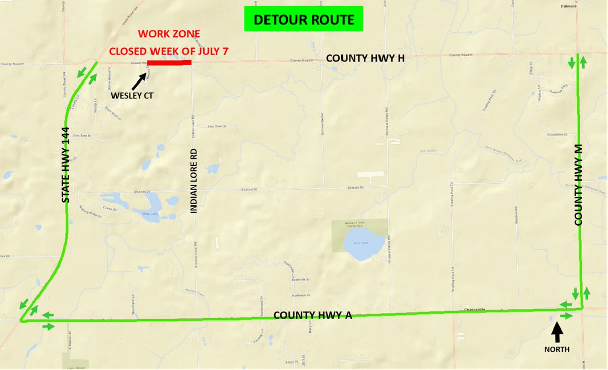WashCoWisco's tweet image. Please note the detour route on County Hwy H east of State Highway 144 between Wesley Court and Indian Lore Rd in the Town of Farmington. The road will be closed the week of July 7 and the route will be posted to divert traffic around the pavement repair project area.