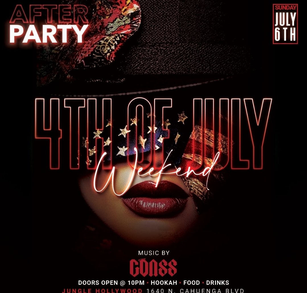TONIGHT!
1640 CAHUENGA
HOLLYWOOD 
JUNGLE
THE AFTERPARTY 
R&amp;B &amp; HIP-HOP 
HOOKAH &amp; FULL KITCHEN