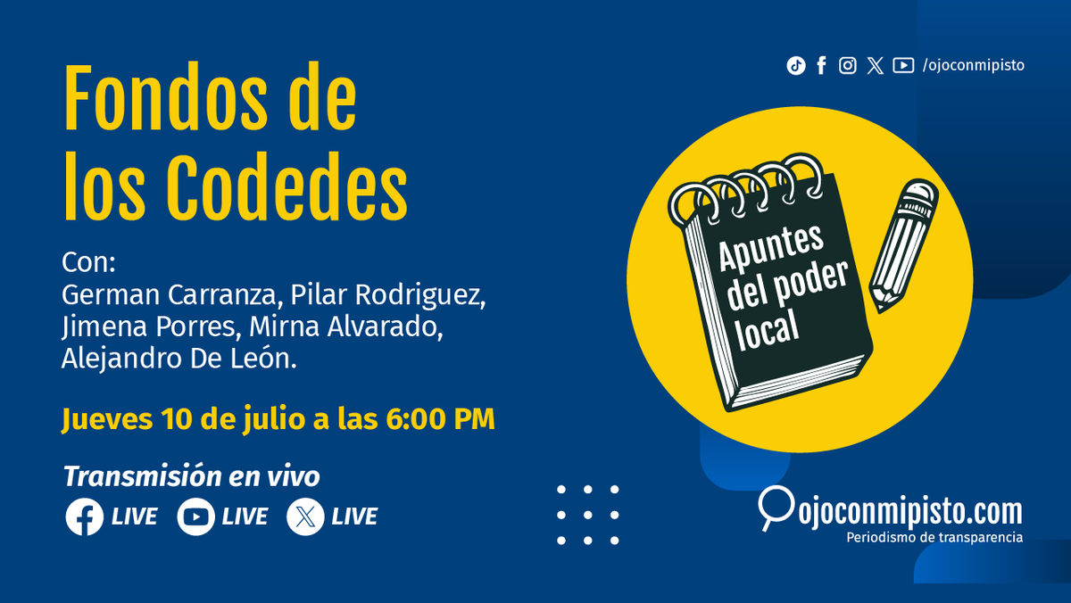 _ojoconmipisto's tweet photo. 📊 ¡Es hora de poner #OjoConLosCODEDE! Este jueves 10 de julio a las 6:00 PM acompaña al equipo de #Ojoconmipisto en #ApuntesDelPoderLocal 📝 para entender cómo se usan los fondos de los Consejos de Desarrollo y por qué deberías prestarles atención. 💰👀 https://t.co/MIH4v8udFS