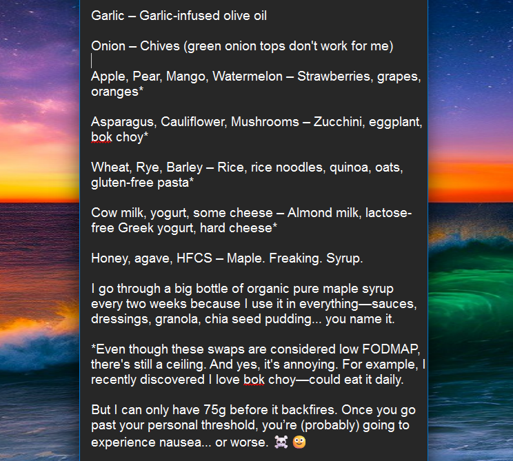 kristiambrose's tweet image. Making a meal for myself is easy (annoying because I can&apos;t use what I want, but easy).  

Making a meal for everyone is hard af.  I want to have stuff they like, but I can eat.  Two words:  Alternative.  Foods.

There are lots of ingredients that can be swapped out.  #lowfodmap