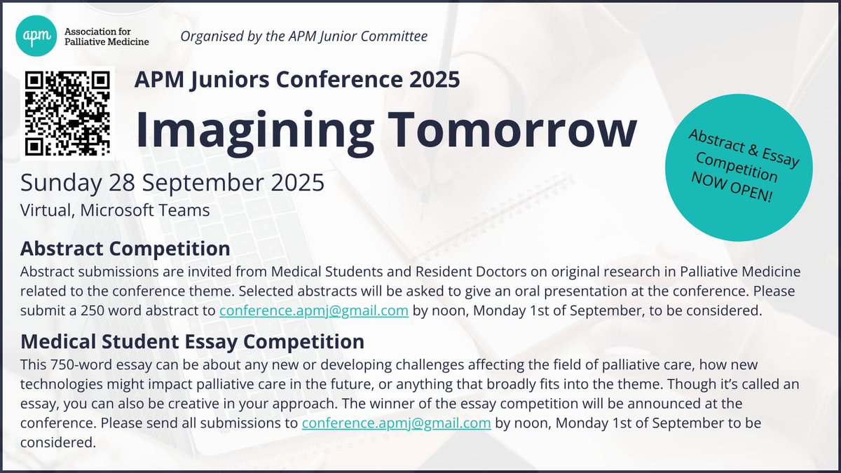 APMJuniors's tweet image. 🚨 Calling medical students & resident doctors! 🚨
🗓️ APM Juniors Conference 2025: Imagining Tomorrow
📅 Sunday 28 Sept | 💻 Virtual
📣 Abstract & Essay Competitions NOW OPEN!
🏆 Prizes & chance to present!
#PalliativeCare #MedTwitter #MedicalStudents
