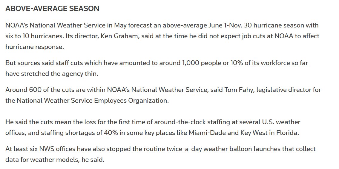 hey moron, 10% of the agency has already been let go, but who you gonna believe, the famously truthful trump admin claiming nobody has been laid off or the offices that are suddenly no longer providing round-the-clock weather services reuters.com/business/envir…