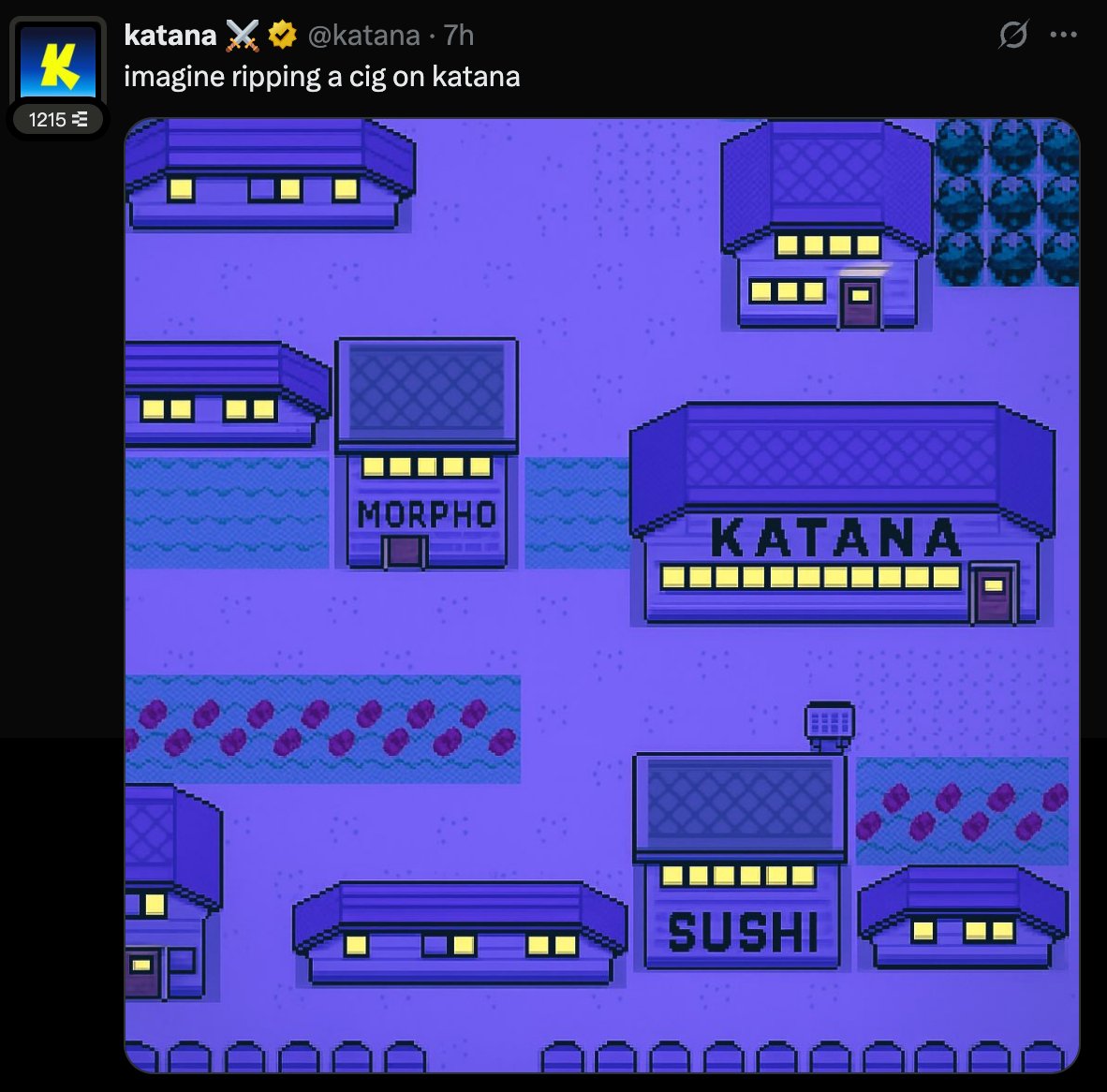 This is straight out of a Pokémon town 👀

<a href="/katana/">katana ⚔️</a> is not just infra anymore.
It’s a vibe, a place.

You don’t just trade here, you spawn here like it’s Route 1.
Web3 meets GameBoy nostalgia.