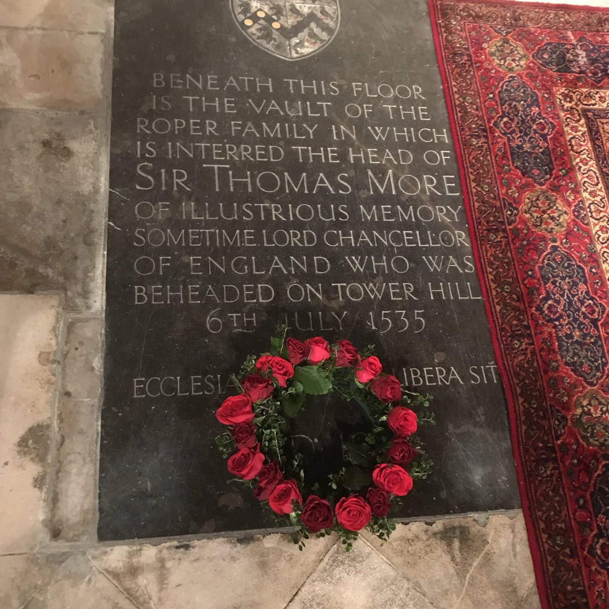 St Dunstan’s Canterbury (final church on PW): Wreath placed this evening on vault containing head of St Thomas More. 490th anniversary of martyrdom.