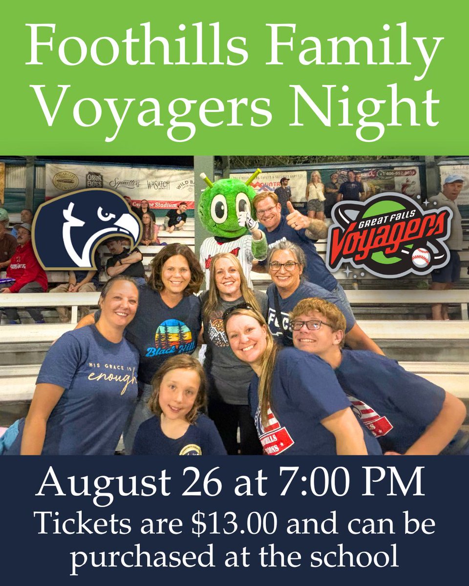 Foothillsfalcon's tweet image. Join the FCCS Family in cheering on the Voyagers while they play against the Glacier Range Riders! Tickets are $13 and can be purchased with cash or check at the school.
Our summer hours are Monday and Wednesday from 9 AM to 3 PM.
2210 5th Ave North
Great Falls, MT 59401