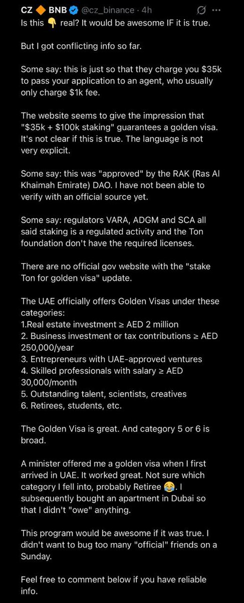 GM!

CZ regarding the UAE visa for TON stakers: 

The situation is not entirely clear, and the wording is not very precise. 

Some claim that the government of Ras Al Khaimah has approved this, but I have not yet been able to confirm this information from official sources.