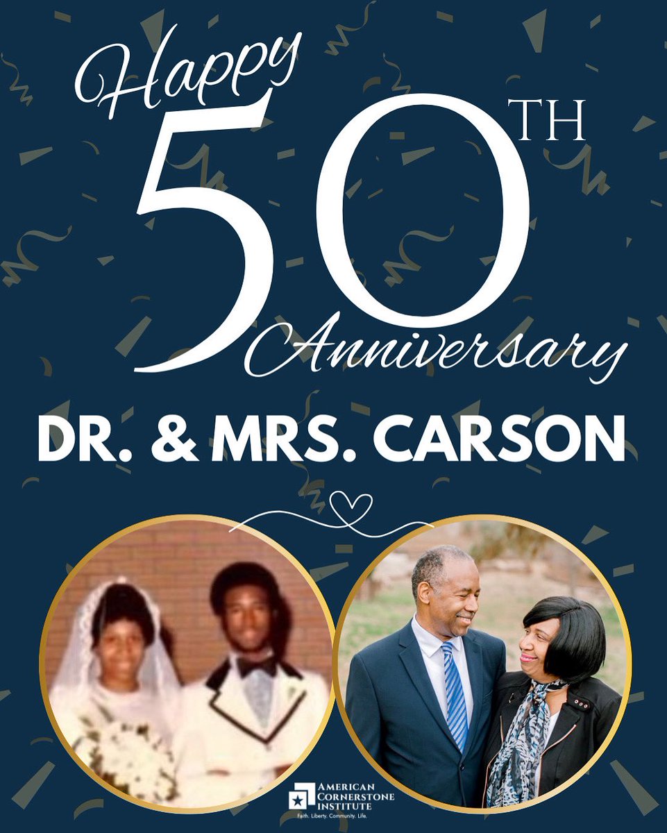 ACI1776's tweet image. Join us in celebrating a beautiful milestone, Dr. and Mrs. Carson’s 50th wedding anniversary! 🤍 Their unwavering love and partnership have been a true testament to faith, commitment, and God’s blessings through the years.
Happy Anniversary, Dr. Carson & Candy!